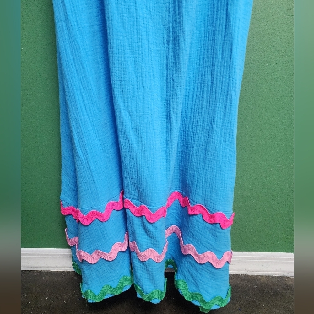NWT Davi & Dani Blue Ric Rac Maxi Dress Size Medium Pink Trim - Picture 2 of 5